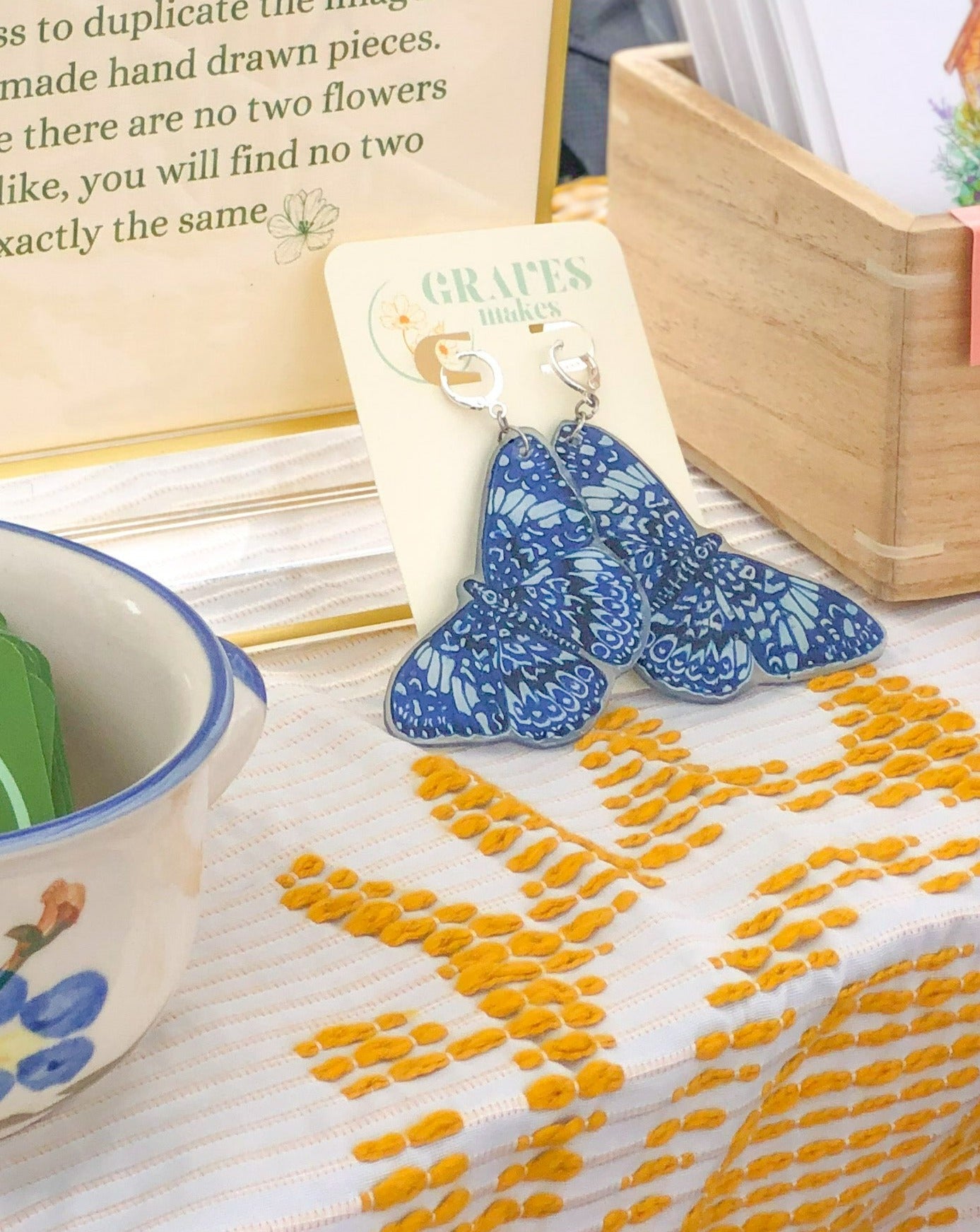 Intricate Blue Moth Earrings