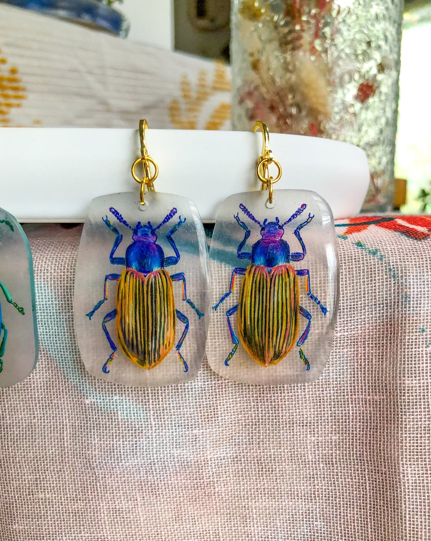 Blue-Gold Beetle Earrings