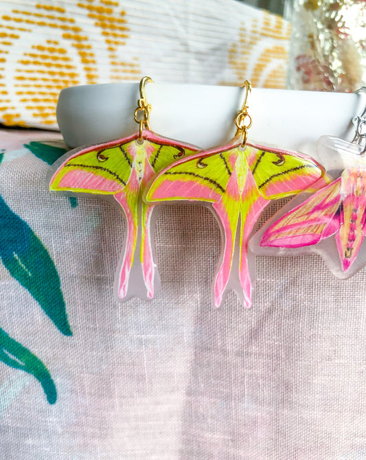 Green and Pink Moth Earrings