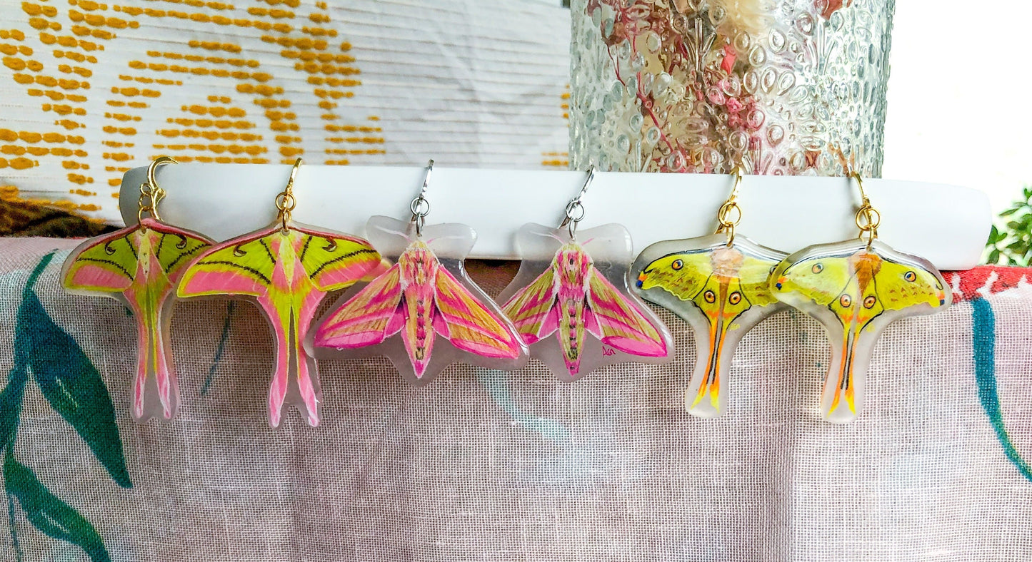 Green and Pink Moth Earrings