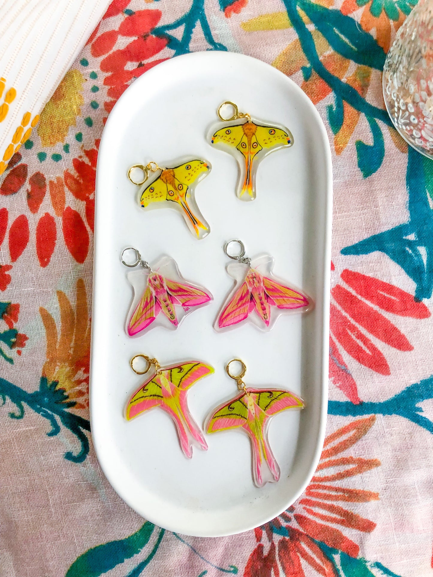 Green and Pink Moth Earrings