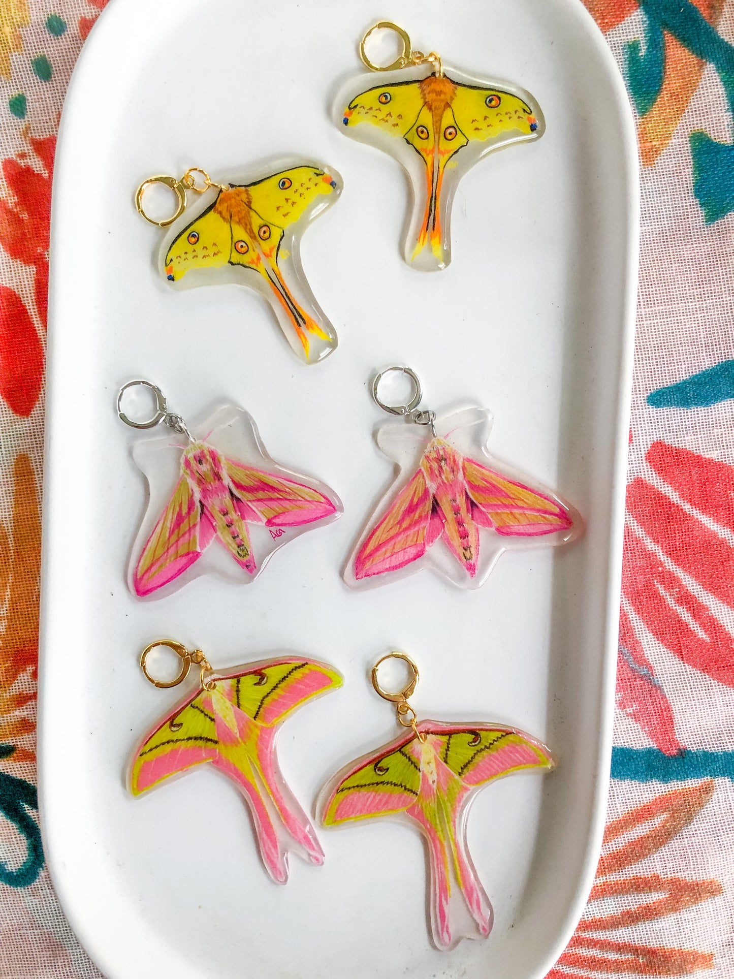 Green and Pink Moth Earrings