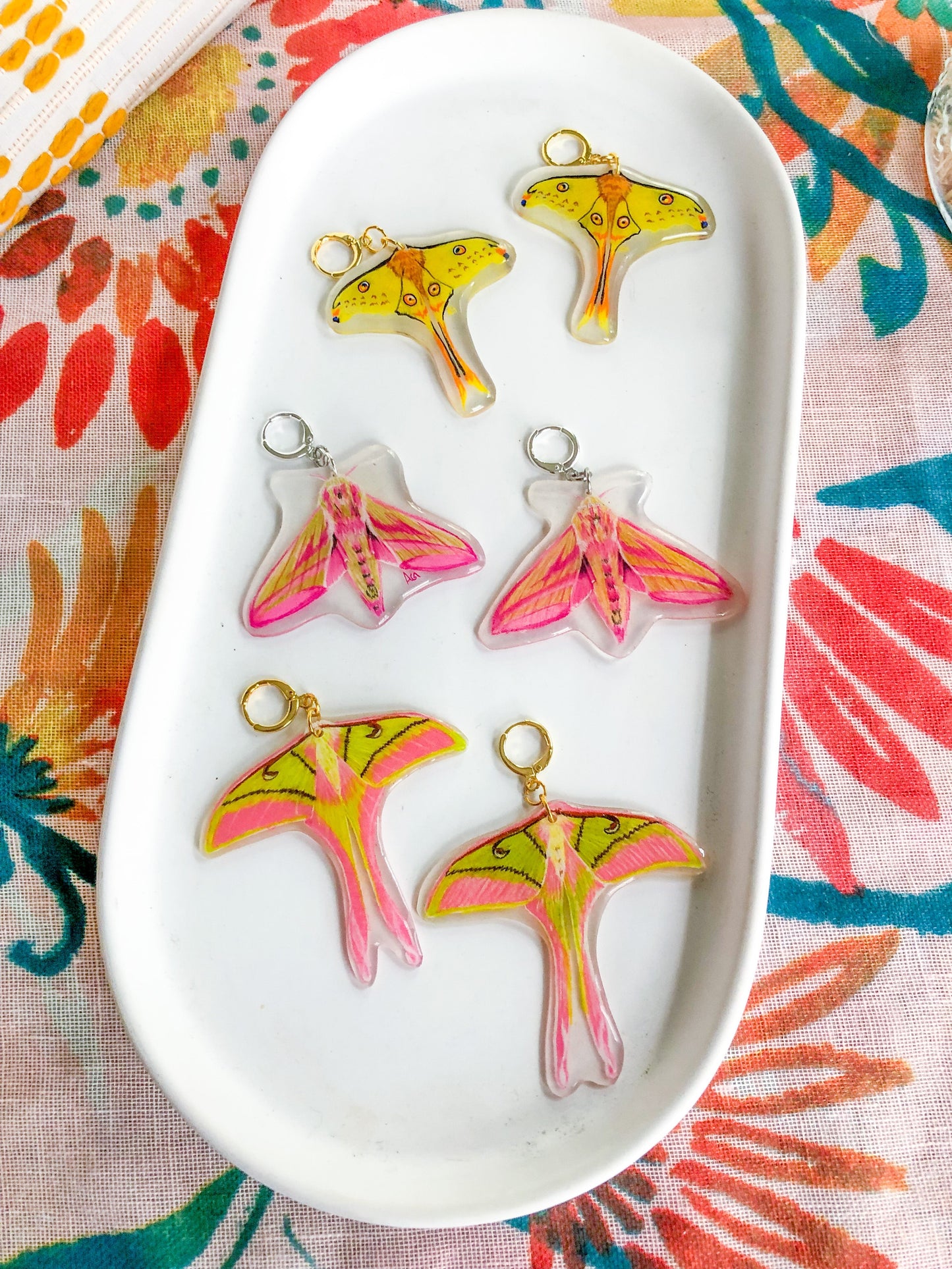 Green and Pink Moth Earrings