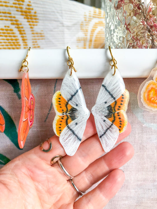 Orange and White Moth Earrings