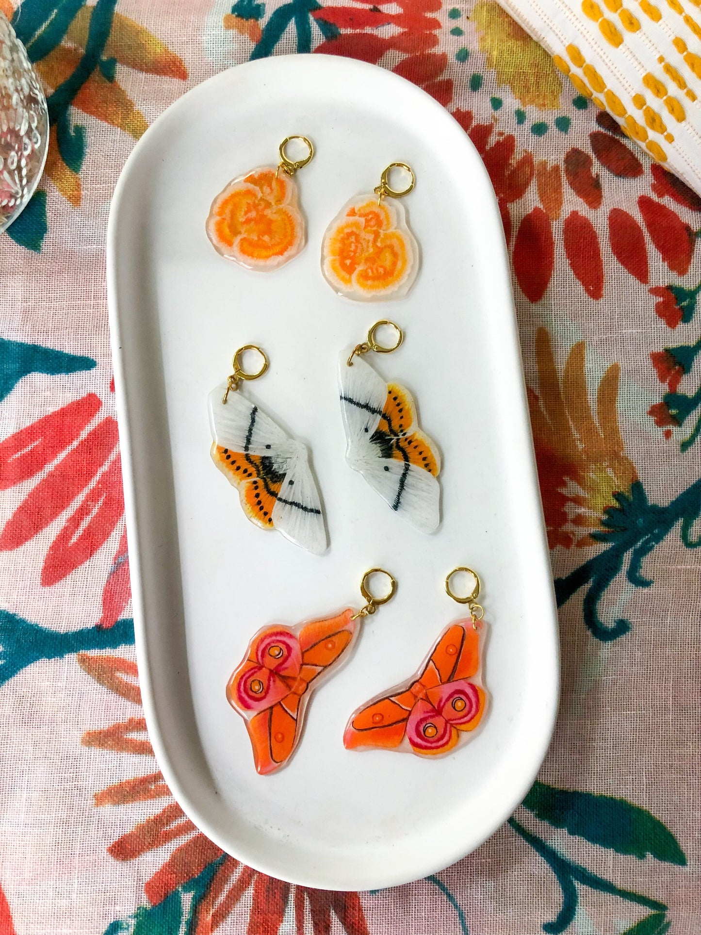 Orange and White Moth Earrings