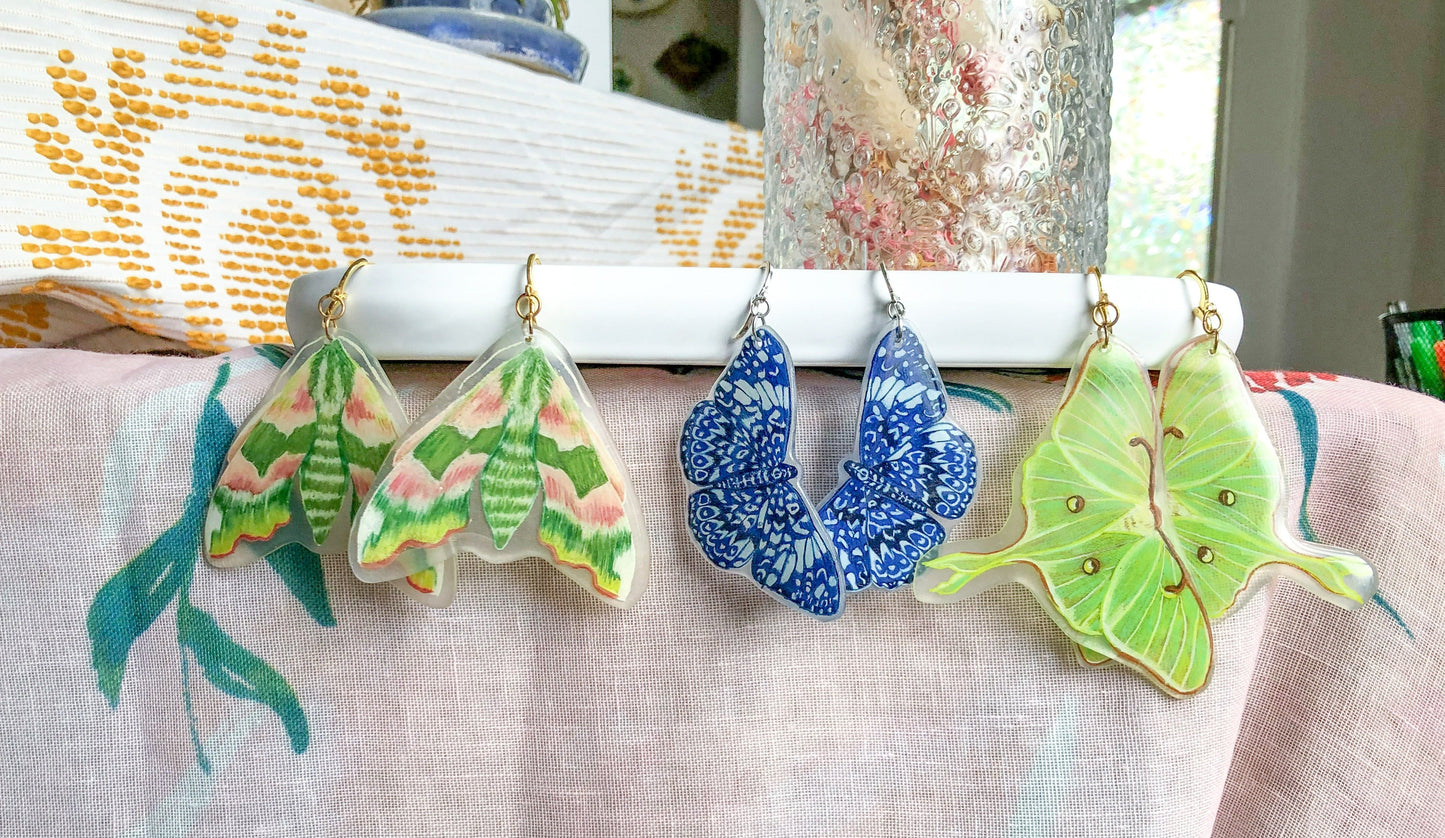 Intricate Blue Moth Earrings