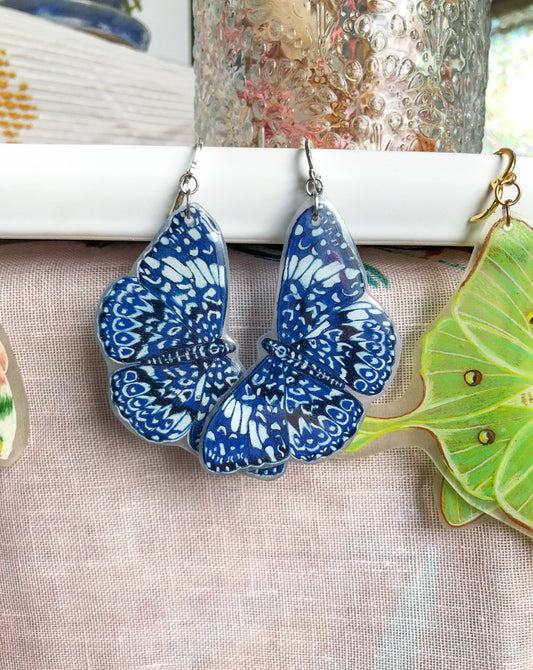 Intricate Blue Moth Earrings